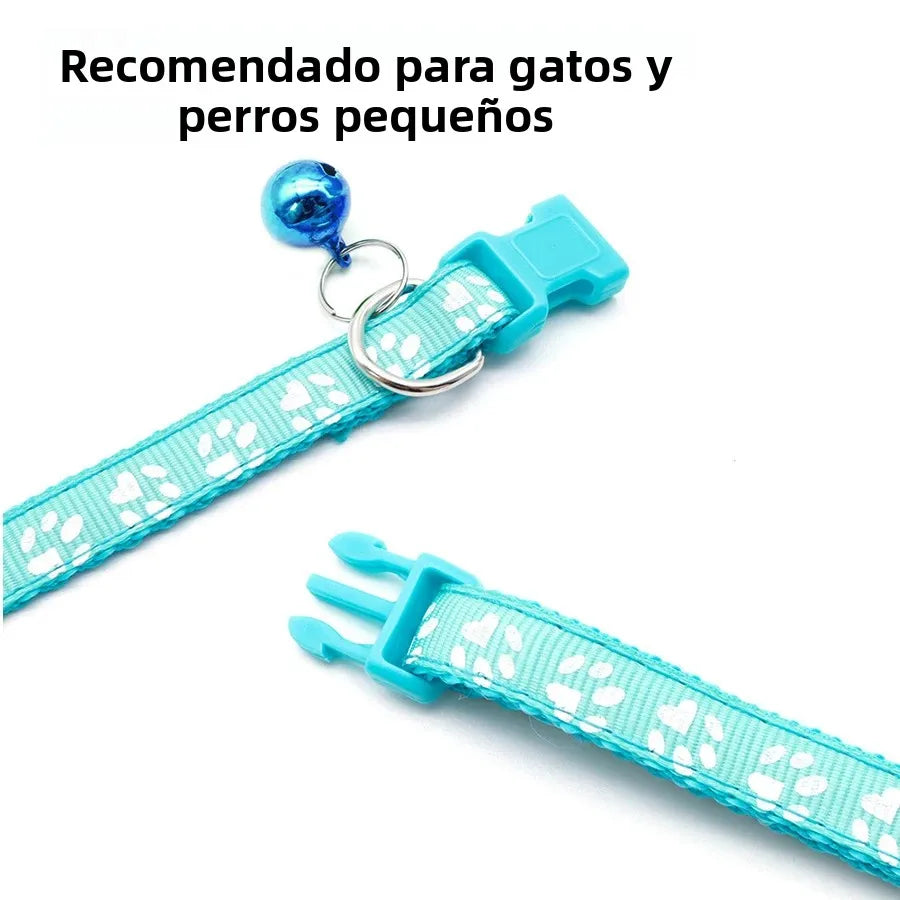 Collar Ajustable con Huellitas y Campana para Perros y Gatos - Uso Diario