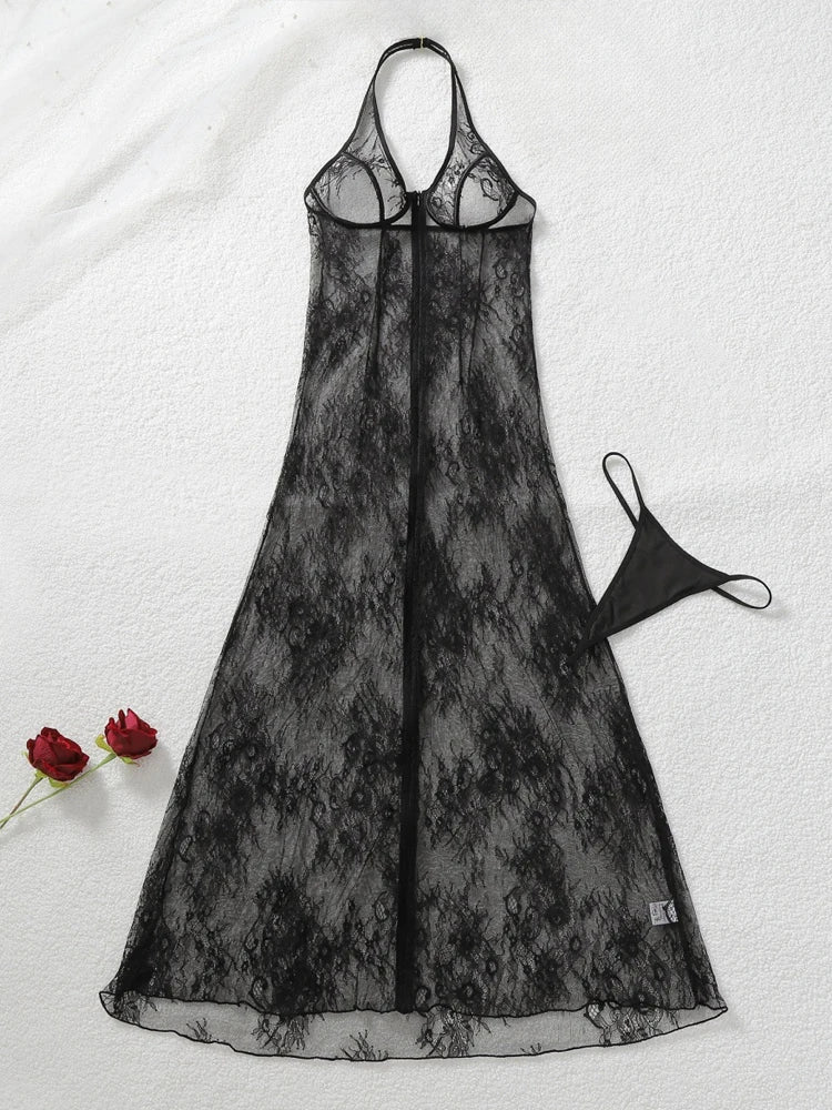 Belamimi Women Sexy Halter Zipper See Through Lace Maxi Dress With Thong Body Shaper Club Party Mesh Long Dress