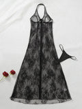 Belamimi Women Sexy Halter Zipper See Through Lace Maxi Dress With Thong Body Shaper Club Party Mesh Long Dress