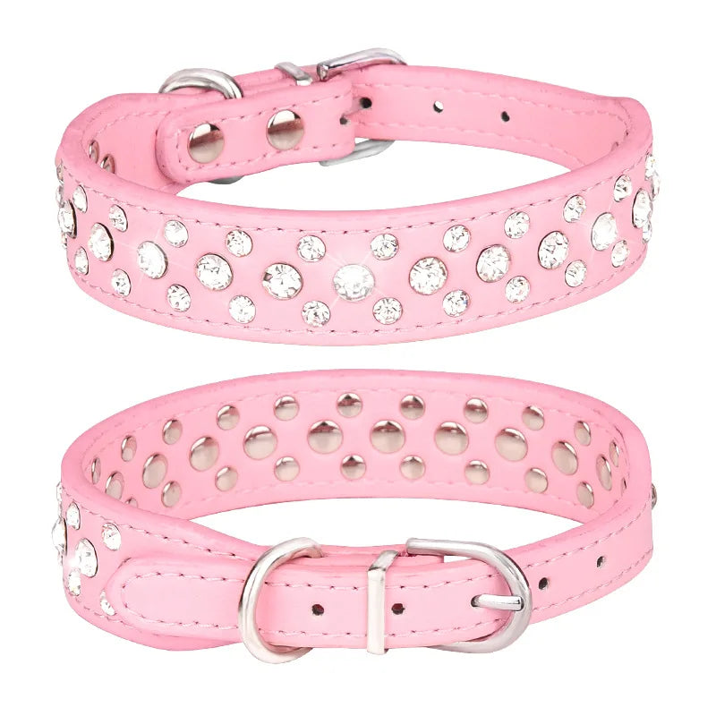 Collar para Mascotas con Brillantes - Collar de PU Ajustable para Perros y Gatos