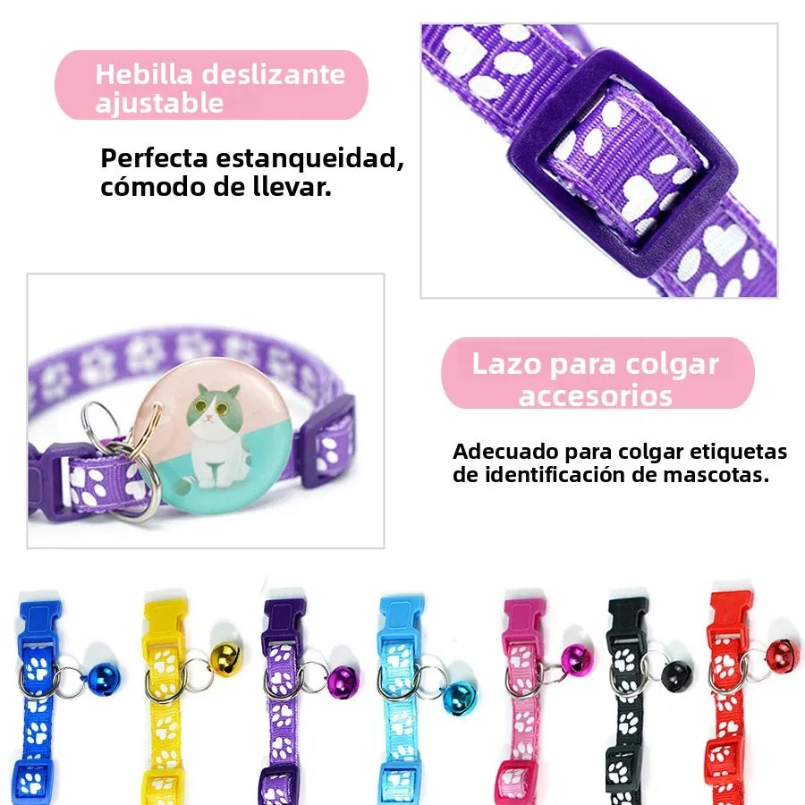 Collar Ajustable con Huellitas y Campana para Perros y Gatos - Uso Diario