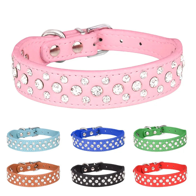 Collar para Mascotas con Brillantes - Collar de PU Ajustable para Perros y Gatos