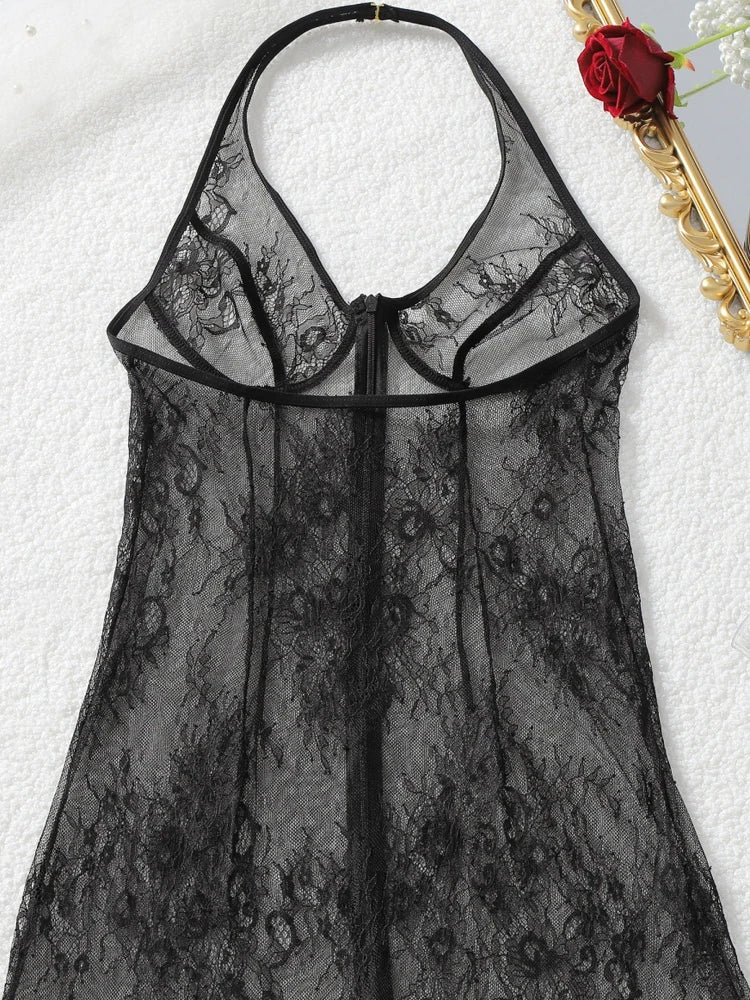 Belamimi Women Sexy Halter Zipper See Through Lace Maxi Dress With Thong Body Shaper Club Party Mesh Long Dress