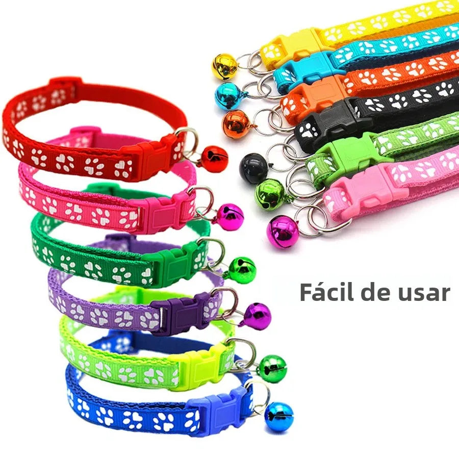 Collar Ajustable con Huellitas y Campana para Perros y Gatos - Uso Diario