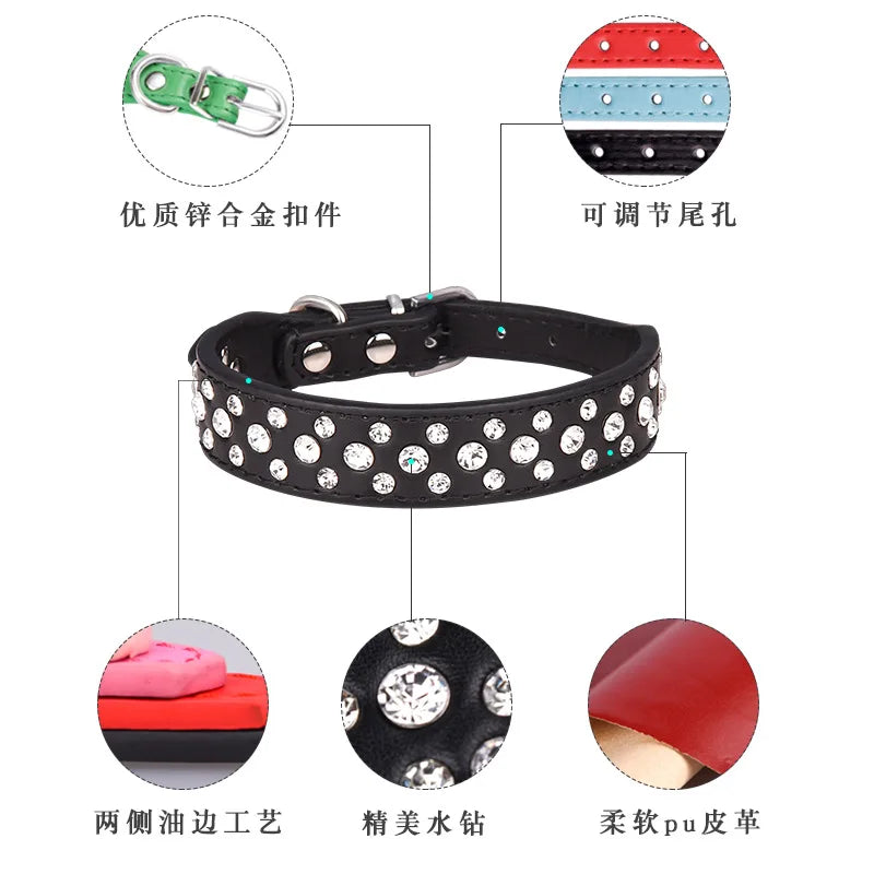 Collar para Mascotas con Brillantes - Collar de PU Ajustable para Perros y Gatos