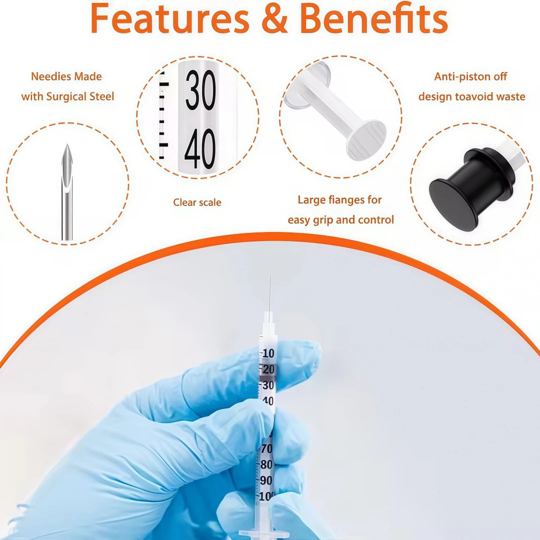 100Pcs U100 Disposable Veterinary Insulin Syringe 1ml 29G-31G 13mm Needle Individual Wrapped Pet Dog Cat Lab Injection Syringes