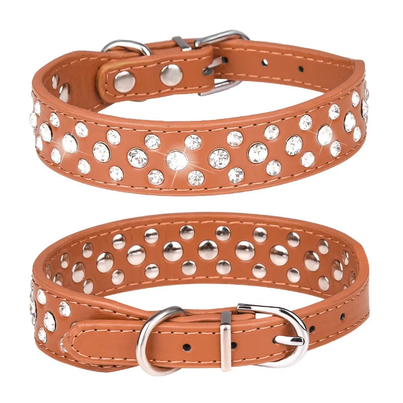 Collar para Mascotas con Brillantes - Collar de PU Ajustable para Perros y Gatos