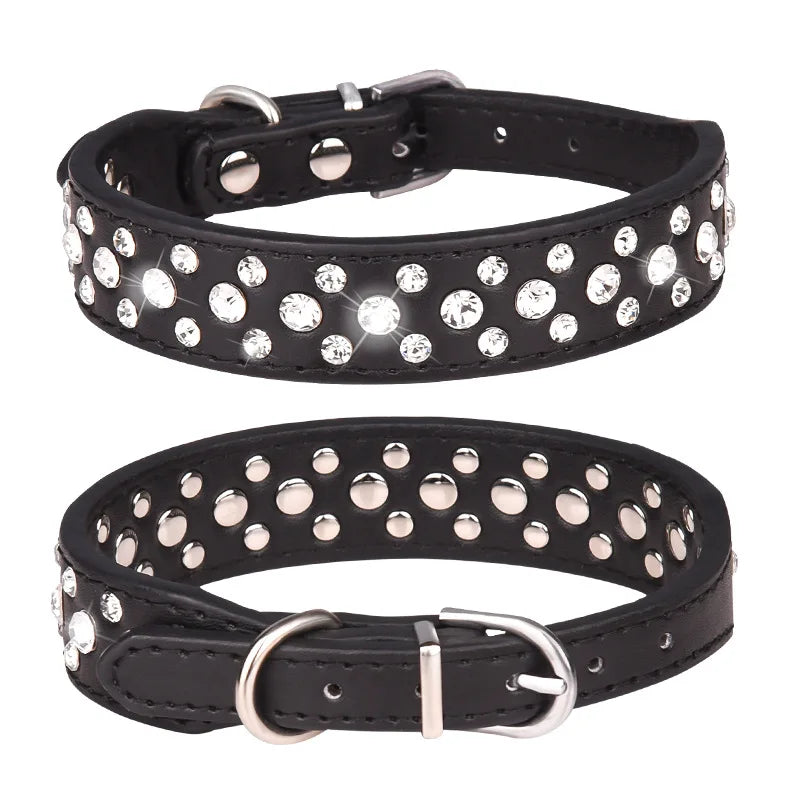 Collar para Mascotas con Brillantes - Collar de PU Ajustable para Perros y Gatos