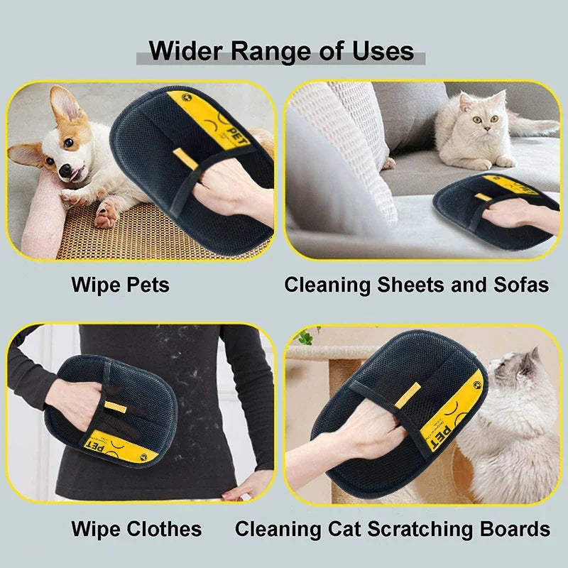2 in 1 Pet Hair Removal Mitts for Cats Dogs Electrostatic Grooming Glove Reusable Washable with Lint Roller Brush Safe Non Toxic