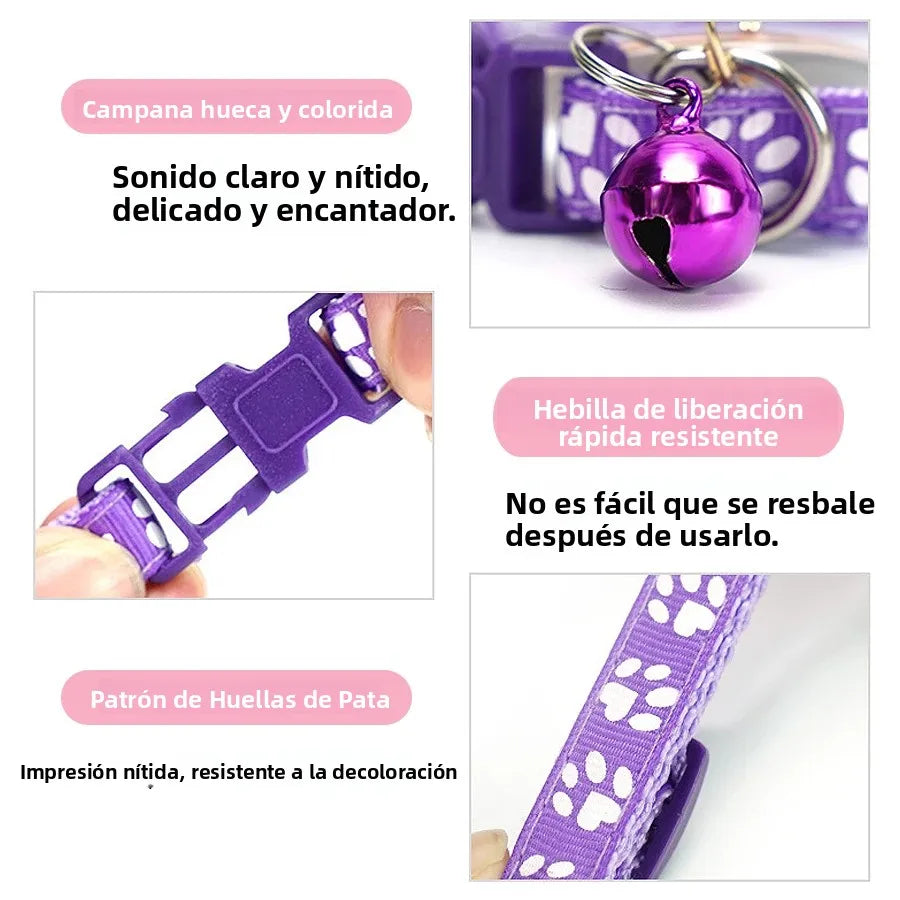 Collar Ajustable con Huellitas y Campana para Perros y Gatos - Uso Diario