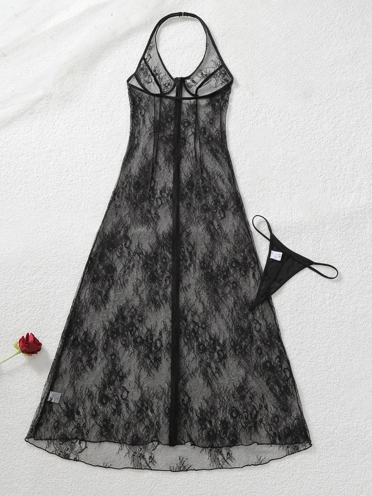 Belamimi Women Sexy Halter Zipper See Through Lace Maxi Dress With Thong Body Shaper Club Party Mesh Long Dress