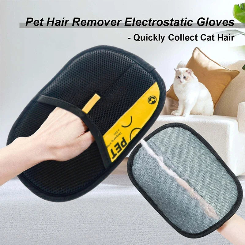 2 in 1 Pet Hair Removal Mitts for Cats Dogs Electrostatic Grooming Glove Reusable Washable with Lint Roller Brush Safe Non Toxic