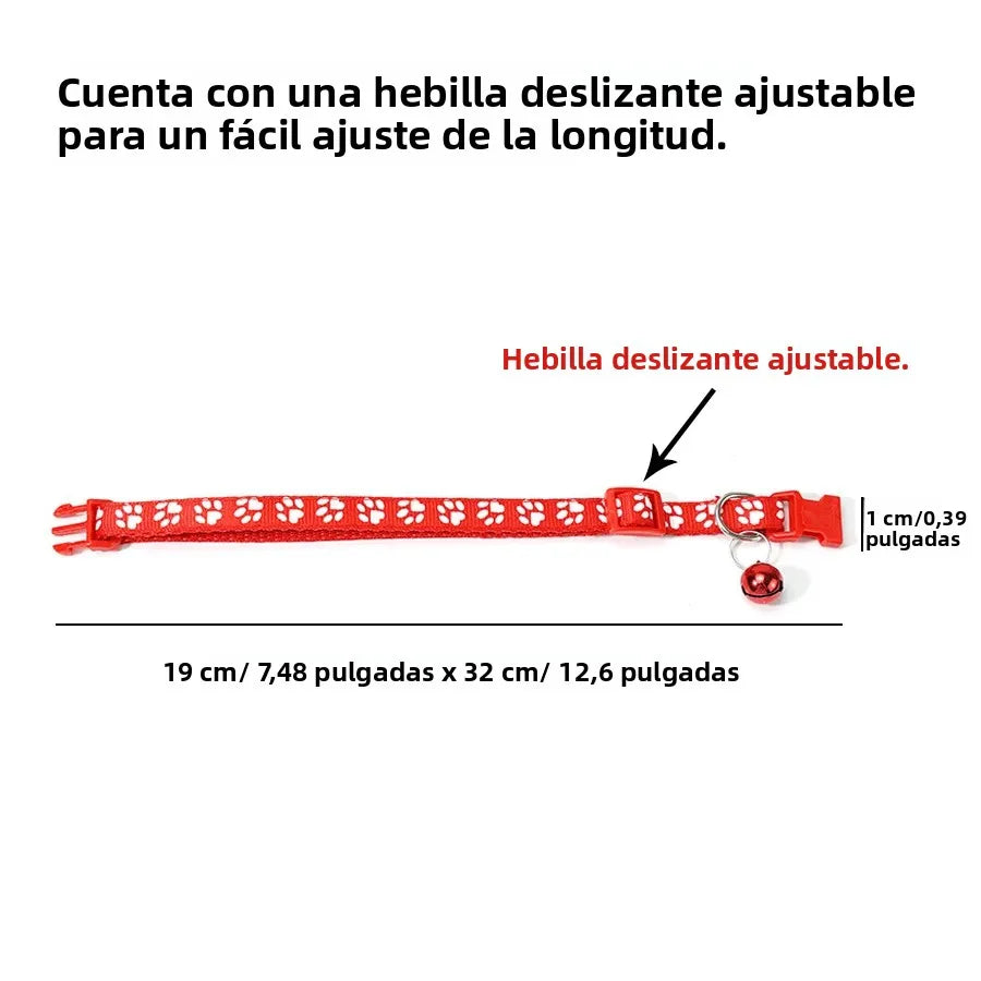 Collar Ajustable con Huellitas y Campana para Perros y Gatos - Uso Diario