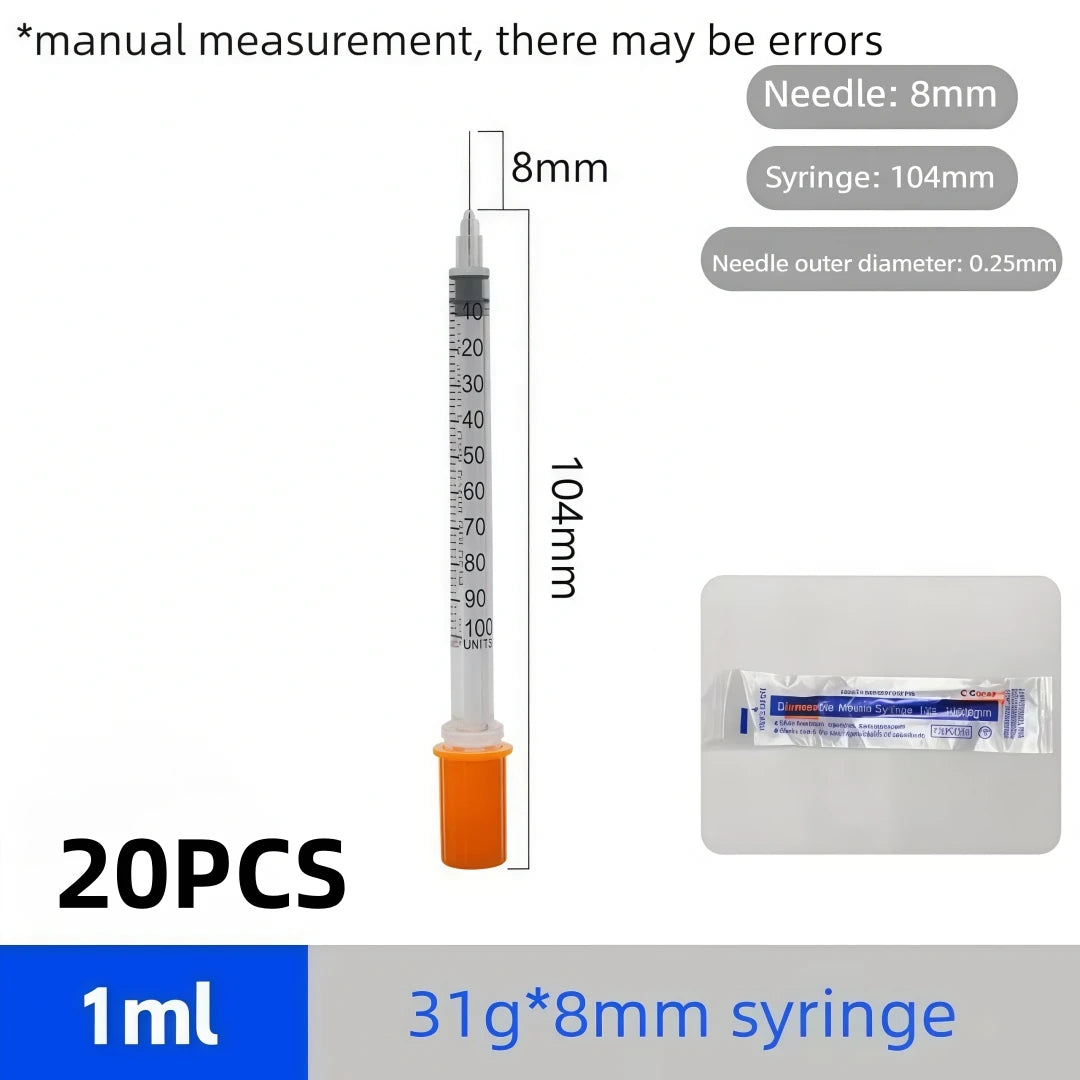 100Pcs U100 Disposable Veterinary Insulin Syringe 1ml 29G-31G 13mm Needle Individual Wrapped Pet Dog Cat Lab Injection Syringes